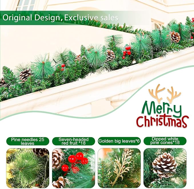 Joyhalo 9ft Christmas Decorations with Lights - Battery Operated Prelit Garland for Mantle, Stairs, Railing, Fireplace