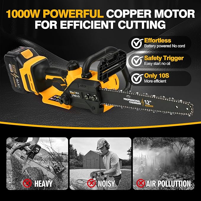 12 Electric Chainsaw Cordless, 20V Battery Powered Cordless Chain Saw, Chainsaw with 2 x 4.0Ah Lithium ion Battery and Charger for Wood Cutting, Tree Saw Trimming and Branch Pruning