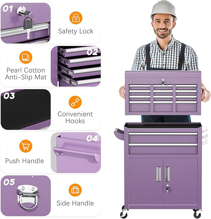 INTERGREAT 8 Drawers Tool Chest, 42'' Large Rolling Tool Chest with Drawers, Detachable Top Tool Box, Tool Cabinet for Repair Room,Warehouse, Rolling Tool Box with Hooks,Tray Divider,Liners(Purple)