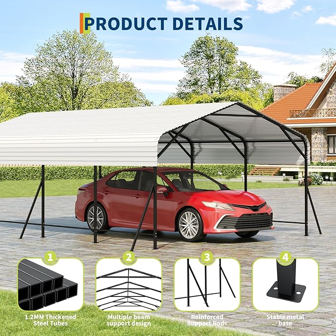 GarveeLife 13x20x8 ft Oversized Metal Carport with Galvanized Steel Roof, Heavy Duty Carport for 2 Cars, Metal Garage for Car, Truck, Tractor, Boat