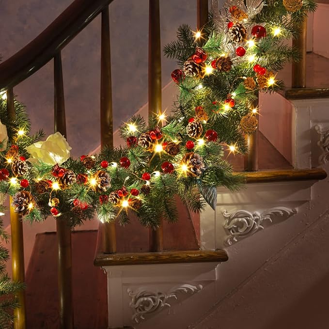 Christmas Garland with String Lights 10 Ft 30 LED Pine Cone Red Berry Bells Garland Lights, Indoor Christmas Decorations for Home and Fireplace Mantel Decor,Christmas Tree Decor (Yellow)