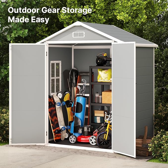 Gizoon 6x4.4 FT Outdoor Resin Storage Shed with Floor & Lockable Door - All-Weather Plastic Tool Shed, Double-Wall Design Perfect to Store Patio Furniture, Garden Equipment, Seasonal Items (Grey)