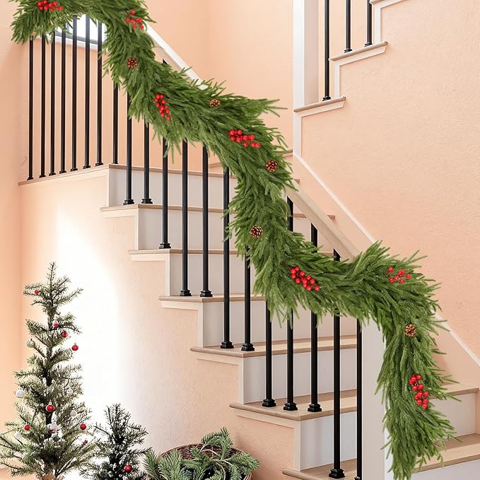 2 PCS 6FT Artificial Norfolk Pine Garlands - Real Touch Winter Pine Garland, Green Artificial Greenery Garland for Mantle, Table, Wall, Indoor & Outdoor Fireplace Christmas Decorations