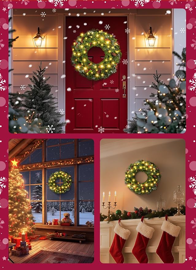Brightown 24 Inch Pre-Lit Artificial Christmas Wreaths for Front Door, Battery Operated Christmas Wreath with 50 LED Lights, Lighted Wreath for Front Door Wall Window