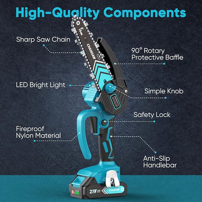 Chainsaw 6-Inch 1 Pack 2000mAh Battery Hand Mini Chain Saw Birthday Christmas Gifts for Men Portable Cordless for Wood Cutting Tree Trimming Projects Gardening Tools (Blue-1 Battery)