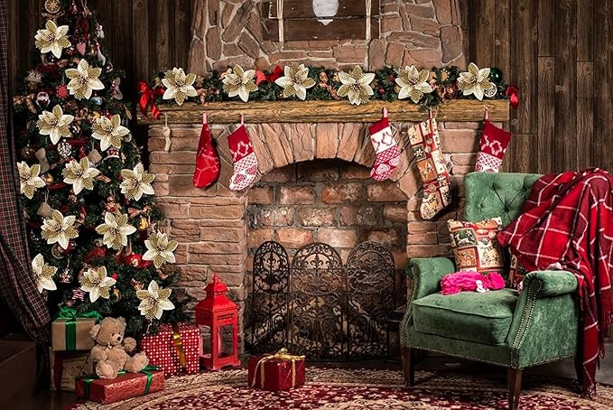 RECUTMS Christmas Tree Ornaments 10Pcs Glitter Poinsettia,Artificial Poinsettia Flowers Xmas Tree Ornaments 6" Wide for Xmas Tree Wreaths Garland Holiday Seasonal Wedding Decorations(Gold)