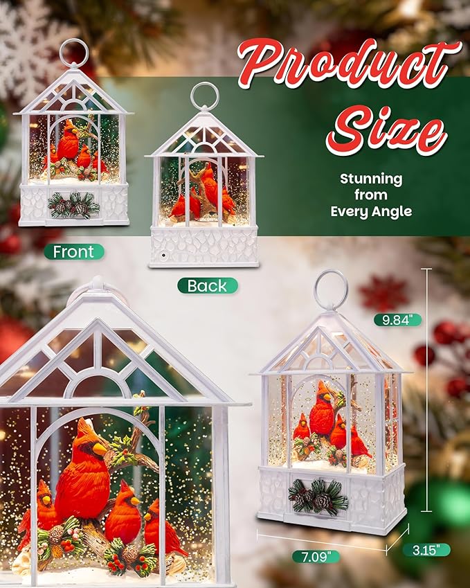 Christmas Cardinal Snow Globe Light up Lantern with 8 Songs, 9.84" White Christmas Snow Globes for Kids Adults, 6H Timer & Dual Power, Snowglobes Christmas Decorations Indoor, Gifts for Women Men