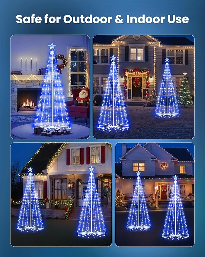 Christmas Cone Tree Light, 7ft 295 LED Light Show Christmas Tree with 8 Modes Timer Remote, Dimmable Artificial Christmas Tree for Porch Yard Patio Indoor Outdoor Xmas Holiday Decor, Blue & White