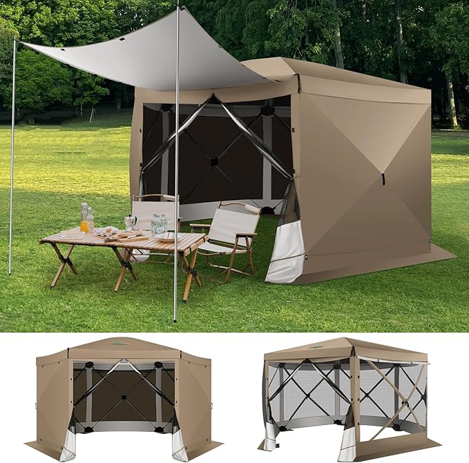 COBIZI 12x12 pop up Gazebo on Clearance Screen Tent for Camping, Scalable Sesign Outdoor Canopy Tent with Extension Support Poles & sidewalls,with Portable Carrying Bag and Ground Stakes,Khaki