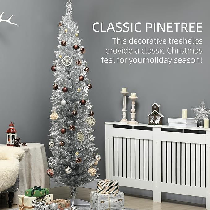 HOMCOM 7' Artificial Pencil Christmas Tree, Slim Xmas Tree with 499 Realistic Branch Tips and Plastic Stand, Silver