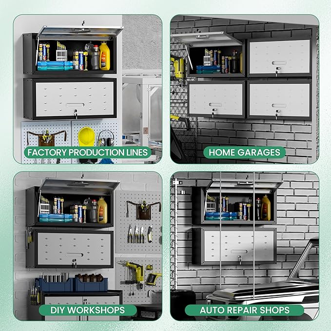 Metal Wall Cabinet,Wall Mounted Garage Cabinets with Lockable Door,Hanging Storage Cabinet 130 lbs Capacity,Floating Cabinet for Tool Organization in Basement,Workshop,Kitchen,Black/Grey
