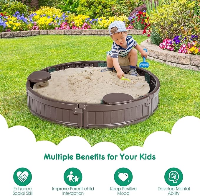 Costzon Round Kids Sandbox with Cover, HDPE Sand Pit w/Detachable Built-in Seating & Bottom Liner for Backyard, Garden, Beach, Lawn, Outdoor Sand Box for Kids Age 3+