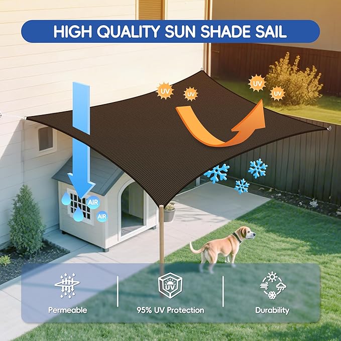 Sun Shade Sail 12'x12' Rectangle Shade Cloth for Garden, Permeable Shade Canopy Outdoor Patio Covers for Pergola Backyard Deck Outside Activity, Brown