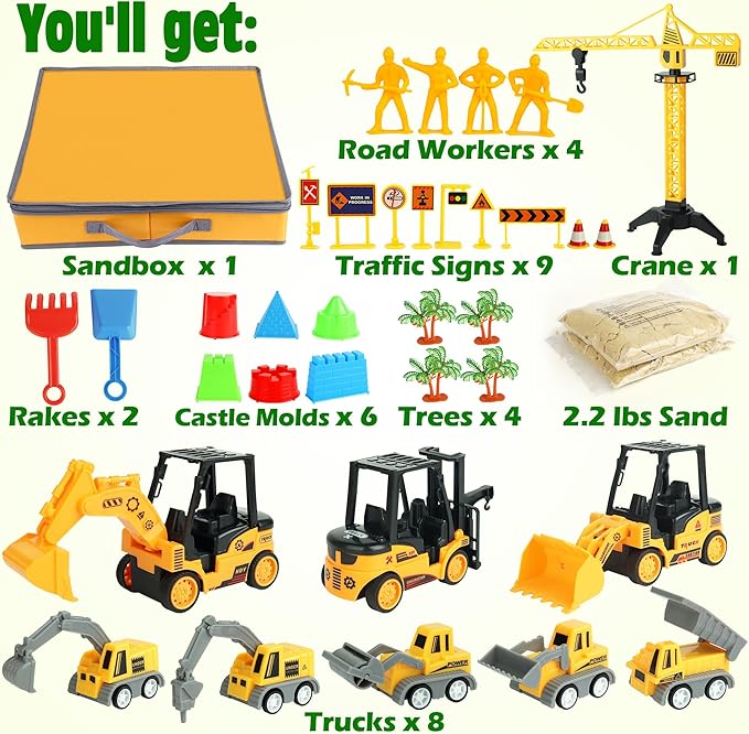 Sand Construction Kit with Big Foldable Sandbox and 2.2lbs Moldable Sensory Play Sand, Truck Toys Including Castle Molds and Other Accessories - 36Pc Set for Kids 3+