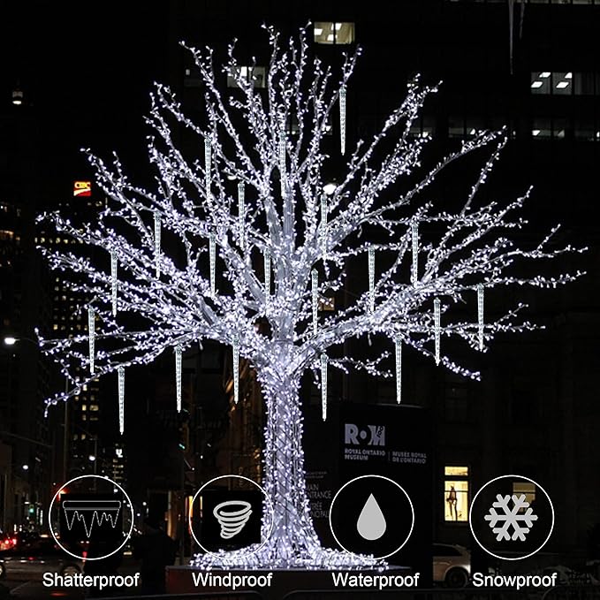 WATERGLIDE Meteor Shower Lights, 11" Outdoor Christmas Lights 10 Icicles 240 SMD LED Crystal Ice Falling Light, Connectable Raindrop Iciclelights, Xmas Winter Party Tree Holiday Decor, White