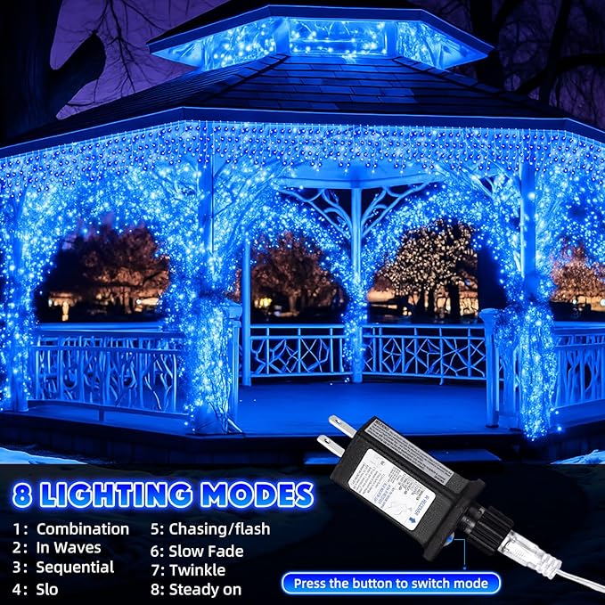 118 ft 1248 LED Christmas Outdoor Icicle Lights LED Fairy String Hanging Lights Waterproof with 8 Modes Timer for Christmas Decorations Wedding Holiday Party Roof Yard, Blue