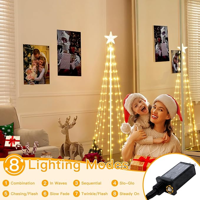 Ollny Christmas Tree Lights, 5FT 140 LED Warm White Outdoor String Lights 8 Modes Timer Function IP65 Waterproof Star Lights for Indoor Outside House Yard Xmas Decorations