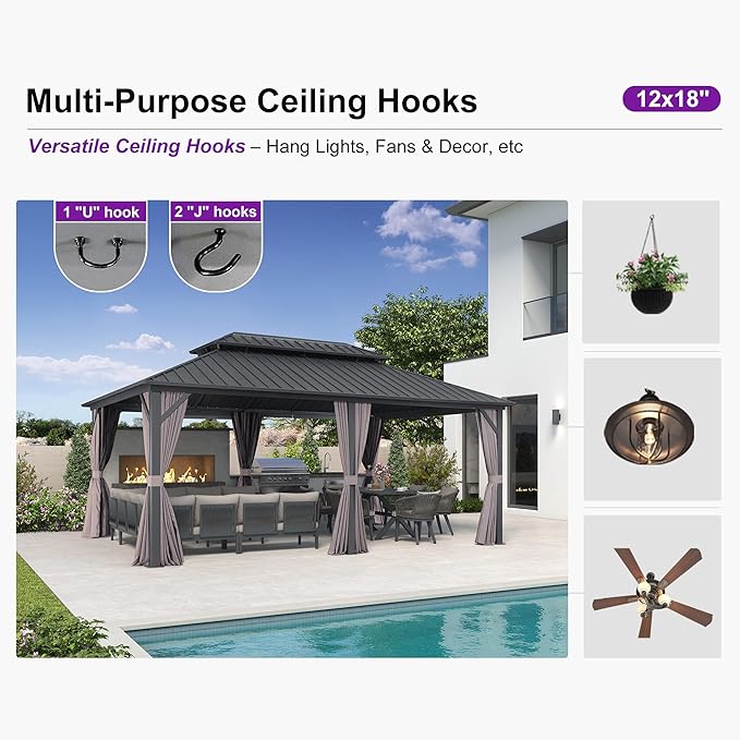 PURPLE LEAF 12'x18' Hardtop Gazebo with Lights Patio Outdoor Pavilion with Galvanized Steel Double Roof Includes Netting and Curtains for Garden Lawn Backyard Grey