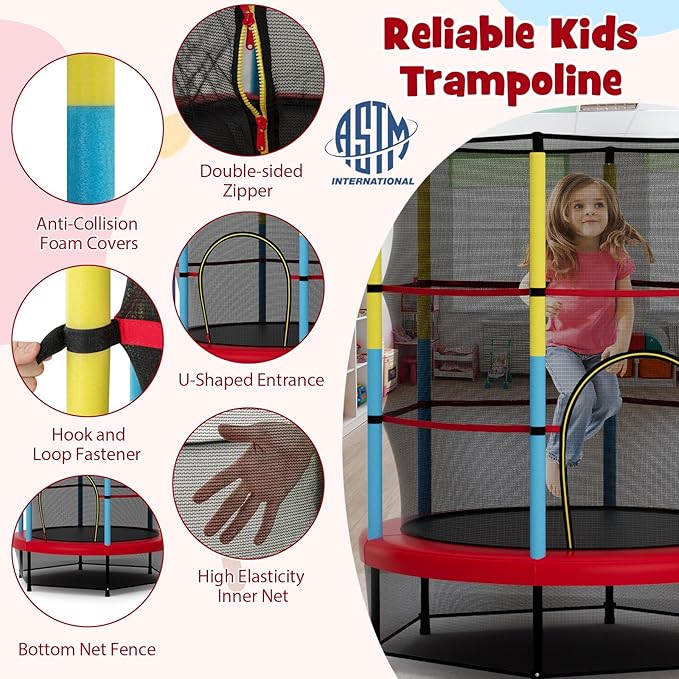 Goplus 55¡± Trampoline for Kids, ASTM Approved Toddler Trampoline w/Enclosure Safety Net, Bouncy Jumping Mat, Seamless Design, Indoor Outdoor Mini Recreational Rebounder for Boys Girls