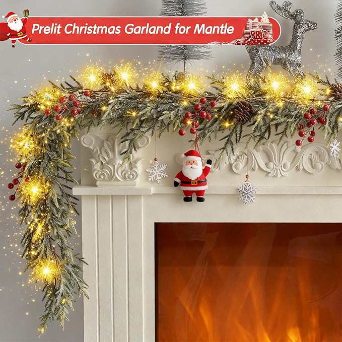 Christmas Garland with Lights Pine Garland Lighted Prelit Christmas Garlands for Mantle Stairs Xmas Garlands Lighted Garland Battery Operated Home Decor Christmas Decorations Outdoor Indoor