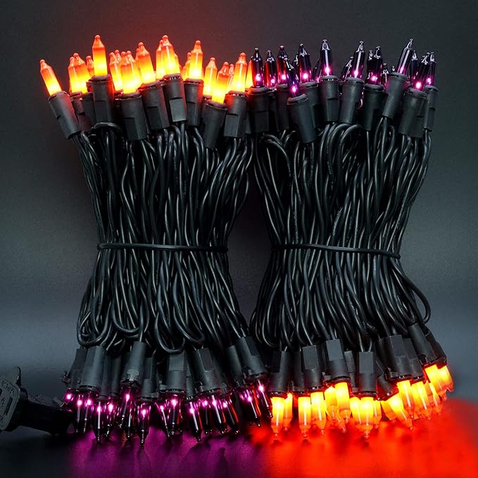 YULETIME 200 Orange & Purple Halloween Lights with Black Wire, Pack of 2 Sets 33 ft 100 Count UL Certified Christmas String Lights (Orange & Purple)