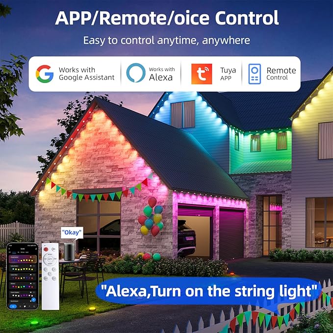 Permanent Outdoor Lights Pro, 100ft with 72 RGB LED Lights for Daily and Accent Lighting, IP65 Waterproof Smart Eaves String Lights with App & Remote,Rainbow Light for Halloween,Christmas-100FT