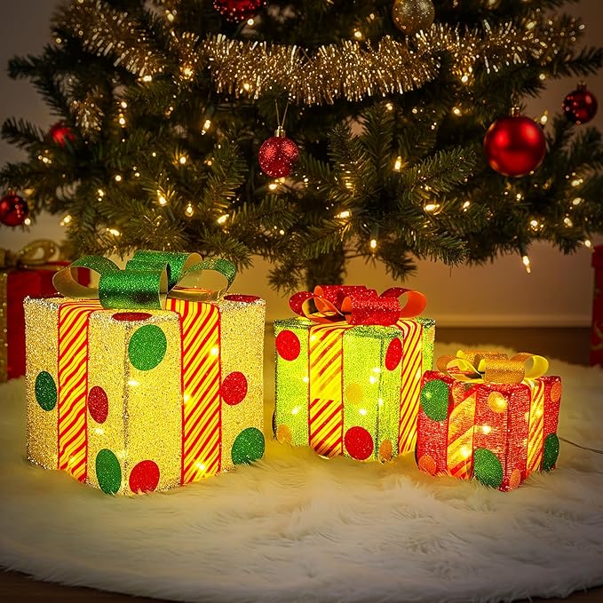 Christmas Lighted Gift Boxes: 3Pack Boxes with led Lights, Pre-lit Present Box with Bowknot Holiday Decorations, Grinchmas Table Centerpieces for Indoor Outdoor Yard Decor