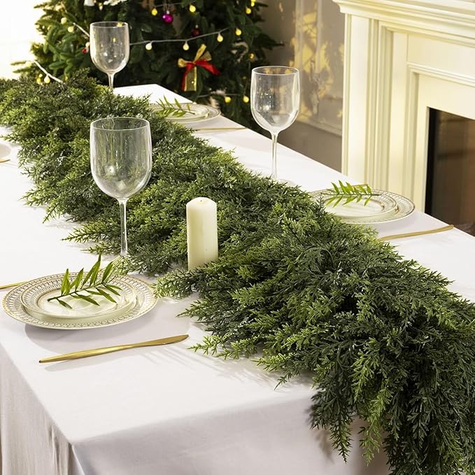 2 Pcs 6FT Christmas Cedar Garland - Thick & Lush Realistic Artificial Green Faux Cedar Pine Needles Garland for Christmas Winter Home Mantel Fireplace Holiday Party Decor