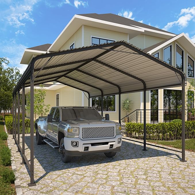 12' x 20' Carport, Heavy Duty Carport with Updated Roof & Enhanced Base, All Weather Steel Car Port, Multi-Use Car Port Garage, Metal Carports for Car, Truck, Boat, Tractors, Party, Grey
