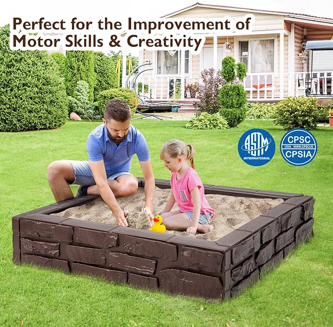 Costzon Kids Sandbox with Cover, 47x 47 HDPE Sand Box w/Oxford Cover, Bottom Liner, Reinforced Structure, Weather Resistant Outdoor Sand Pit for Backyard Lawn Garden Beach (Brown)