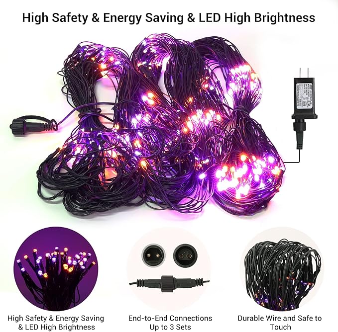 Joomer 12ft x 5ft 360LED Orange Purple Halloween Net Lights Outdoor Mesh Lights, 8 Modes Timer Connectable Waterproof Bush Light Mesh Netting Light for Halloween Outdoor Decorations (Green Wire)