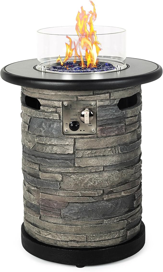 Outdoor Propane Fire Pit Table, Round Porcelain Tile Top 22 Fire Bowl Column W/ 40,000 BTU Firepit Table Auto-Ignition 400D Cover Glass Rocks for Outside Patio