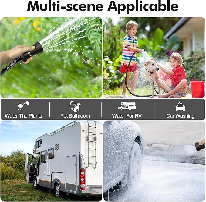 SPECILITE 3/4 Garden Hose 200 ft with High Flow Nozzle, Heavy Duty Flexible Hybrid Rubber Water Hose for Outdoor, Lightweight, Leak-Proof, No-Kink, 3/4Brass Fittings,Black