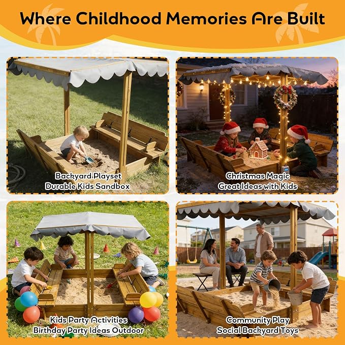 Kids Sandbox with Canopy & 2 Benches - 47 Large Wooden Outdoor Sand Box, Adjustable Weatherproof Cover, Easy-Fold Lid, Gift for Toddlers Ages 2-8, Backyard, Patio