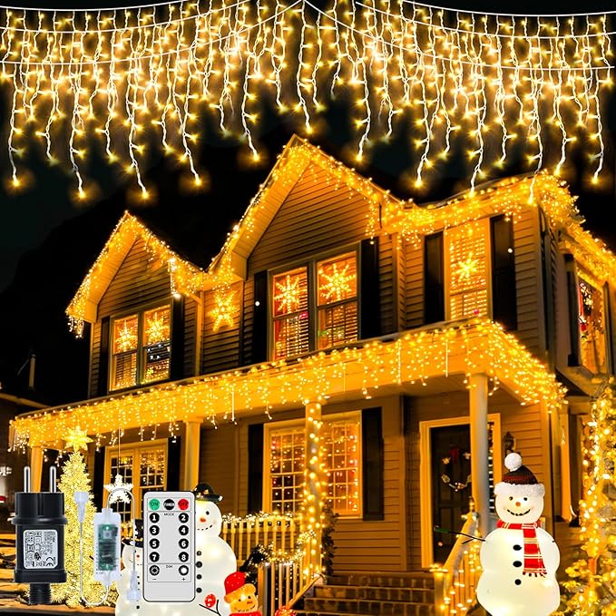 Icicle Lights for Outside, 82ft 880 LED Icicle Christmas Lights Outdoor Waterproof, 176 Drops with Remote, 8 Modes & Dimmable, Timer for Christmas, Wedding, Party, House, Roof Decoration, Warm White