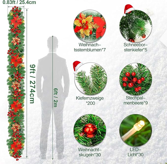 Christmas Garland,Christmas Garland with Lights,Xmas Decor,9 ft Rattan Artificial Flower Vine Plants Xmas Decorations for Indoor Outdoor Home Mantel Fireplace Stairs