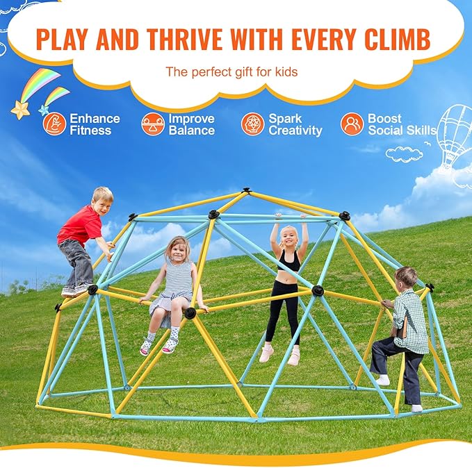 VEVOR Climbing Dome, 10FT Jungle Gym Play Center for Kids 3 to 10 Years Old, Geometric Dome Climber Supports 750LBS and Easy Assembly, with Climbing Grip, Outdoor Backyard Play Equipment for Kids