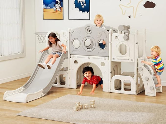 8 in 1 Toddler Slide, Outdoor Indoor Playset for Kids Baby Age 1 2 3, Childs Climber Slide with Storage Space and Non-Slip Steps, Basketball Hoopa and Telescope, Gray & White