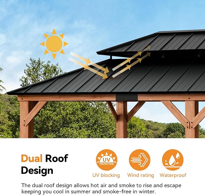 Modern Shade Rosewood Wood Gazebo 12' x 20', Cedar Framed Grill Gazebo with Double Galvanized Steel Roof, Permanent Hardtop Pavilion with Sturdy Hooks for Garden, Backyard, Patio, and Deck