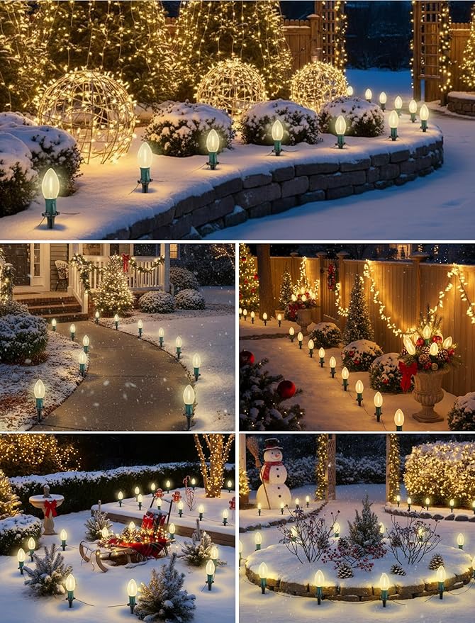 38FT LED Outdoor Christmas Pathway Lights,25 Warm White Extendable Waterproof Christmas Walkway Lights with C9 LED Bulbs and Stakes for Walkway Backyard Snowfield Christmas Decorations