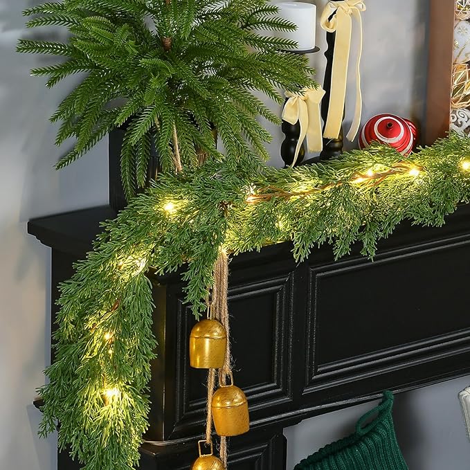 2PCS 6.2FT Christmas Garland with Lights, Real Touch Cedar Garland Artificial Realistic Thick & Lush Greenery, Soft Artificial Pine Garland for Mantle Fireplace Table Wall Indoor Christmas Decorations