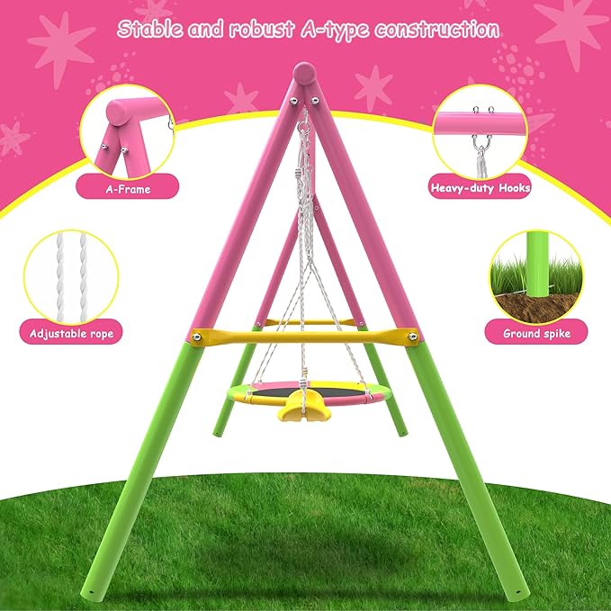 440lbs Swing Set for Backyard with Stand, Swing Heavy Duty Metal Outdoor Swing Stand, Contain 1 Saucer 32 & 1 Belt seat 26.2 for Playground and Backyard Playset, Adjustable Rope (Pink)