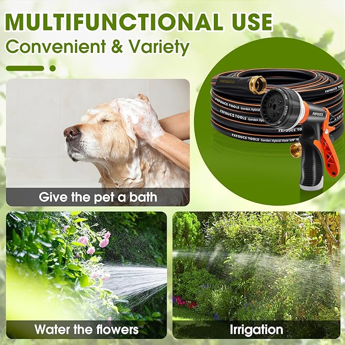 Heavy Duty Garden Hose ? 5/8 Inch Flexible, Lightweight Hybrid Hose with 600 PSI Burst Pressure, Swivel Handle, and Durable Copper Male/Female Fittings (Black with hose sprayer, 50FT)