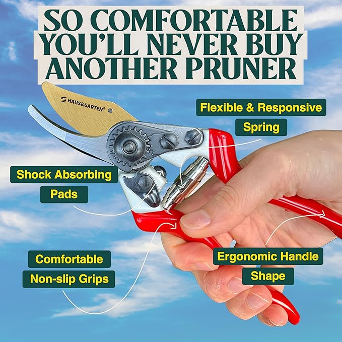 Haus & Garten PrecisionPRO 8 Titanium Pruning Shears - Heavy Duty Professional Bypass Pruner - Use As Rose Clippers, Premium Gardening Secateurs, Garden Scissors, Handheld Yard, Tree, & Plant Tool