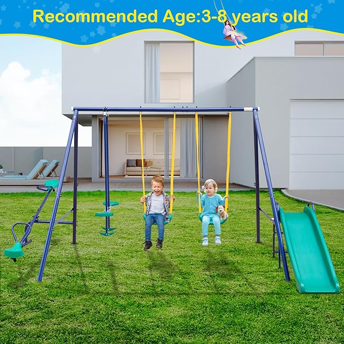 Swing Set for Kids Backyard Playground A-Frame Heavy-Duty Metal Swing Sets with Slide Outdoor (5 in 1)