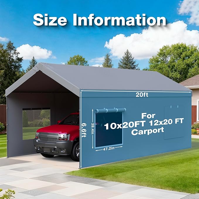 Carport Canopy Replacement Sidewall 20x6.6 FT Fits 10x20, 12x20 FT Carport with Roll-up Windows, Waterproof & UV Protected, Easy Assembly with Ball Bungees, Grey (Sidewall Only, 1 Pack)