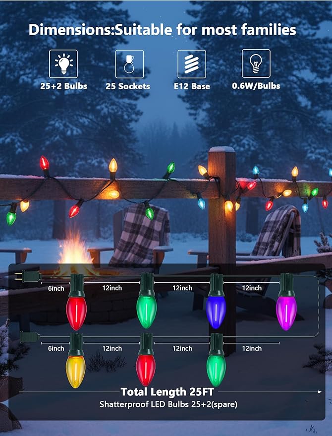 25FT C7 LED Christmas Lights Outdoor, Multicolor Vintage Style String Lights, Connectable Retro Christmas Decor for Porch, Trees, Yard, or Vehicle – UL Listed & Energy Efficient