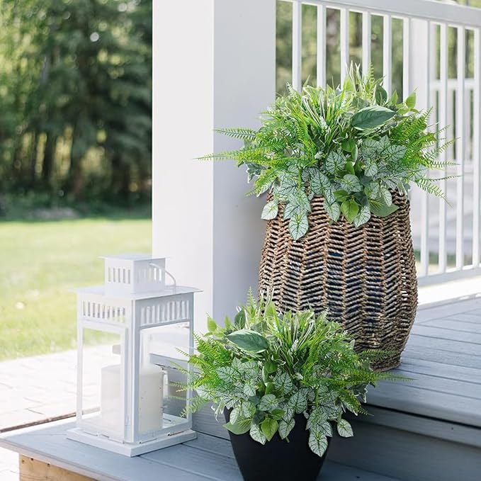 16 Bundles Artificial Greenery Stems for Outdoors Faux Plants UV Resistant Fake Leaves Bushes with Hanging Plants for Outside Porch Window Box Home Garden Decor (13.8")