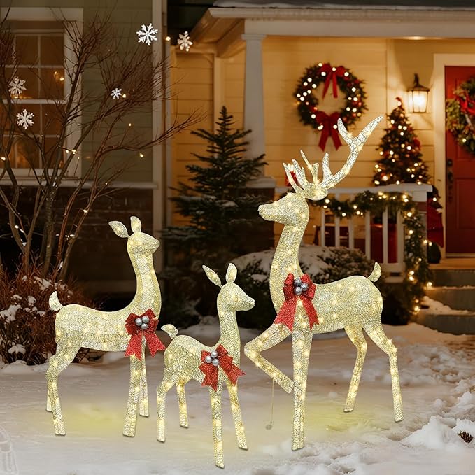 winemana 5ft Reindeer Christmas Outdoor Decorations, Set of 3 Extra Large Deer Yard Decor- Lighted 3D Reindeer Family Set for Outside Lawn Garden Xmas Holiday Party Decor (Gold)