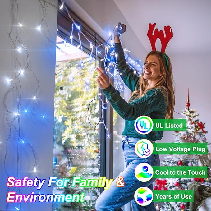 82ft 792 LED 176 Drops Christmas Lights, Outdoor Hanging lights 8 Modes and Timer Memory, Outside Waterproof Curtain String Lights for House Fence Tree Holiday Party Decorations (Blue & White)
